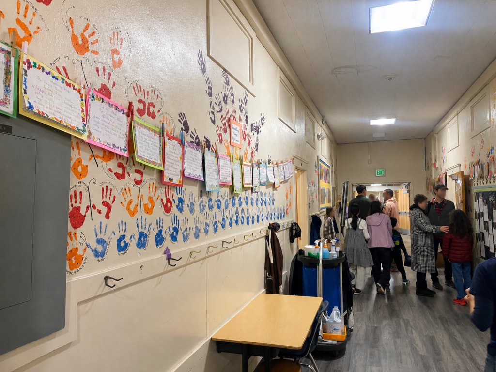子どもたちの作品が展示されたアメリカの小学校の廊下